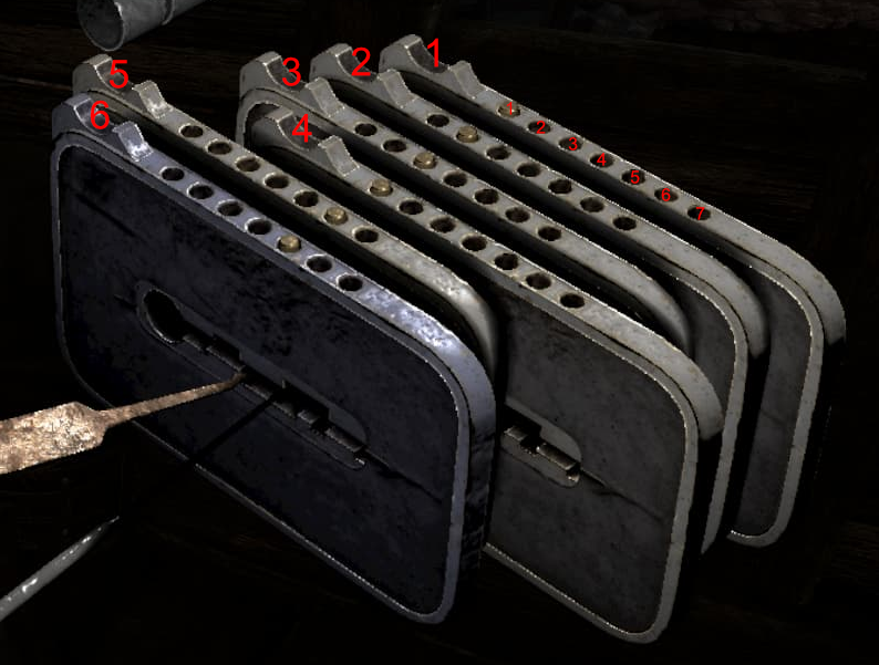 Gothic lock plates numbered 1 through 6 from back to front, with holes 1 through 7 labeled left to right on the rearmost plate
